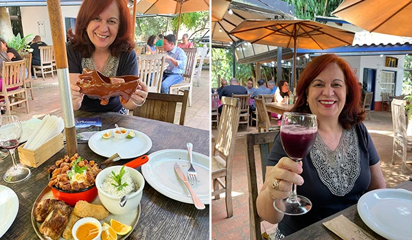2 fotos de Deusa Rodrigues, com deliciosos pratos típicos brasileiros em um restaurante, incluindo uma vasilha de apresentação criativa em forma de cabeça de boi em Extrema.