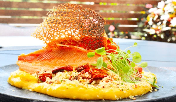 Foto de uma prato com peixe assado, purê, tomate, salada e um casquinha crocante em cima de tudo.