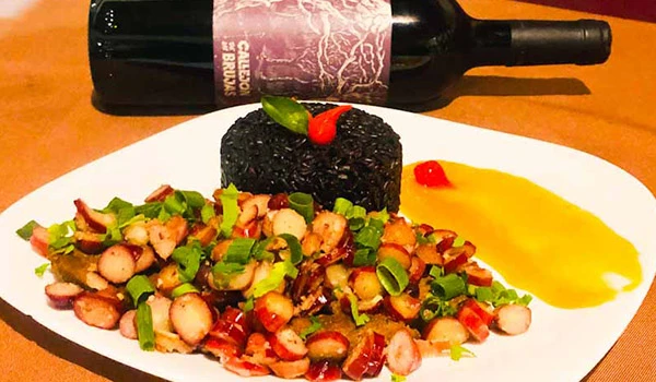 Foto de um prato delicioso, com carne e arroz negro no Bistrô R.C.S. Vinhos. Dicas sobre onde comer na Serra da Mantiqueira.