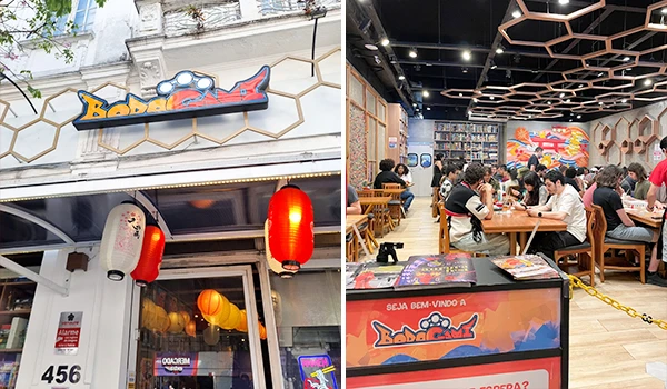 Imagem do restaurante Bob's Cam em um ambiente urbano, com fachada moderna, luzes de lanternas vermelhas, e interior movimentado com clientes aproveitando seu cardápio.
