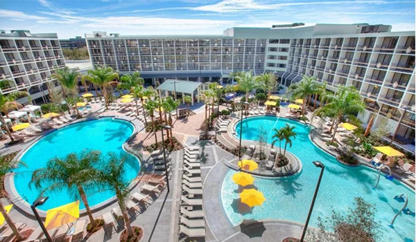 Foto do Sheraton Orlando Lake Buena Vista, um hotel moderno tendo ao meio dos prédios 2 piscinas e coqueiro.