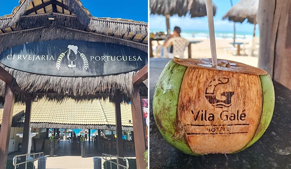 Cervejaria portuguesa e uma bebida de coco com nome Vila Galé em um ambiente de praia, com céu azul e cadeiras de praia ao fundo, ideal para quem busca lazer e gastronomia na orla.