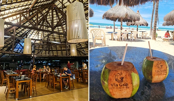 Imagem de um restaurante tropical na Vila Galé, com decoração rústica, móveis de madeira e ambiente ao ar livre na praia, destacando coquetéis de coco e sombra de palha.