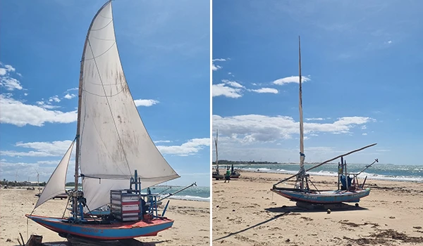 Fotos de um barco a vela na praia em dias ensolarados, com céu azul e poucas nuvens, ideal para prática de esportes aquáticos ou lazer marítimo.