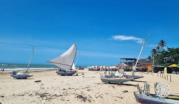 Praia de areia com vários barcos de pesca e vela em um dia ensolarado, árvores ao fundo e céu azul claro. Perfeito para relaxar e aproveitar a natureza.
