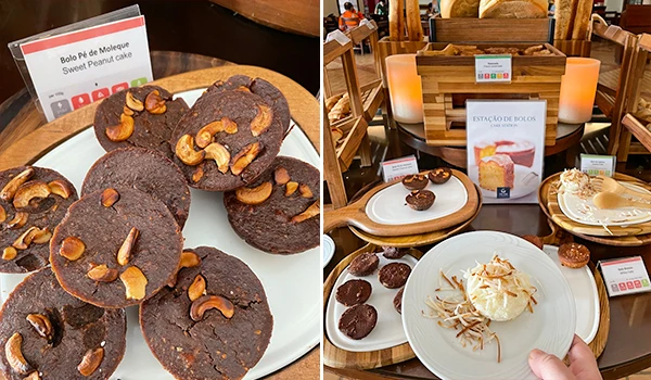 Imagem de bolos de cenoura com cobertura de chocolate e nozes em uma loja de doces artesanal. Experiência de hospedagem no Vila Galé Fortaleza.