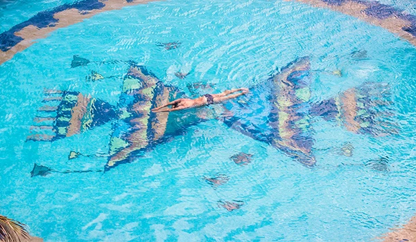 Mulher praticando natação na piscina, destacando-se pelo nado coordenado e habilidades aquáticas, ideal para quem busca melhorar seu desempenho na natação. Hospedagem no Vila Galé Fortaleza.