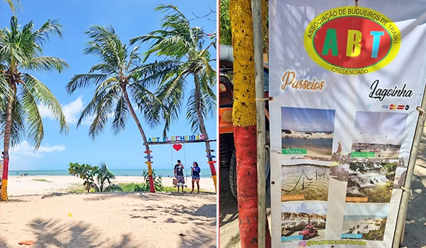 Praia paradisíaca com coqueiros e céu azul, maior atração do turismo em Búzios, destaque para a Associação de Bugueiros de Búzios (ABT) com turistas na orla e banner promocional de passeios de lancha e praias de Búzios, Rio de Janeiro.