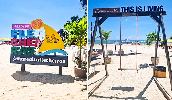 Imagem da Praia de Flecheiras com sinalização colorida e balanço na areia, cenário paradisíaco com mar azul, cadeiras de praia e palmeiras ao fundo.