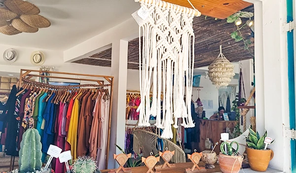 Imagem de uma loja de roupas com decoração rústica, prateleiras com plantas, roupas coloridas em cabideiros e uma decoração acolhedora que destaca o estilo boho.