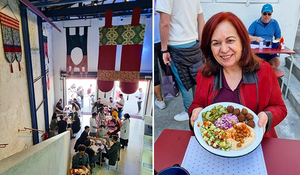 2 fotos uma do alto com vista doPinati uma emblemática lanchonete Kosher, outra com Deusa Rodrigues segurando um prato com vários alimentos da culinária árabe e palestina, uma das atrações da Praça Vilaboim.