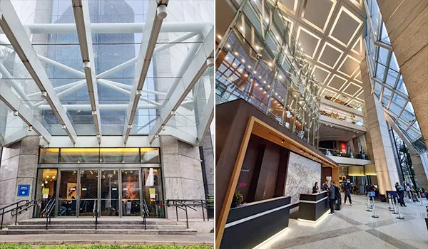 2 fotos que mostra a entrada e lobby do Hotel Hilton Morumbi, tendo detalhes de vidro na fachada.