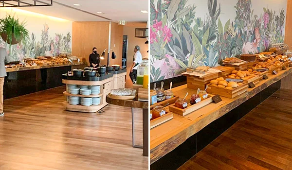 2 fotos do restaurante preparado para o café da manhã, com balcão de maderia com pães, geleias e outros itens. Hotéis de luxo em São Paulo.