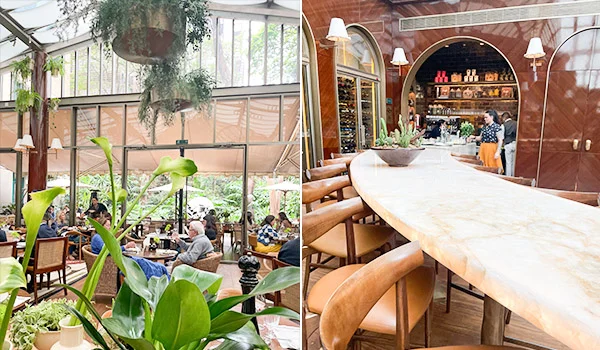 2 fotos, sendo do ambiente do restaurante com mesas e clientes e outra de uma grande mesa ovada para compartilhamento de refeições. Hotéis de luxo em São Paulo.