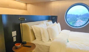 Quarto confortável com cama de casal, almofadas, lâmpada de leitura, mesa de apoio com decoração, parede de madeira e janela redonda com vista para a natureza.