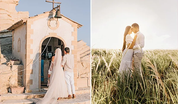Montagem com duas fotografias de casamento. À esquerda, um casal entra em uma pequena capela de pedra, com a noiva usando vestido branco de cauda longa. À direita, os noivos aparecem abraçados em meio a um campo de vegetação alta, iluminados pela luz do sol.