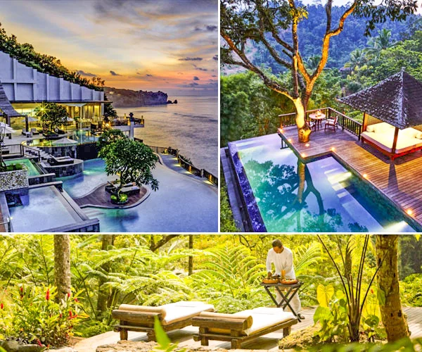 Montagem com três imagens de um resort em meio à natureza tropical. No canto superior esquerdo, há uma área de hospedagem à beira-mar com piscinas, jardins e terraços, diante de uma enseada ao entardecer. No canto superior direito, uma piscina privativa com deck de madeira, espreguiçadeiras e uma área coberta, cercada por árvores e montanhas. Na parte inferior, duas espreguiçadeiras em um deck no meio da vegetação, enquanto uma pessoa prepara uma mesa ao fundo.