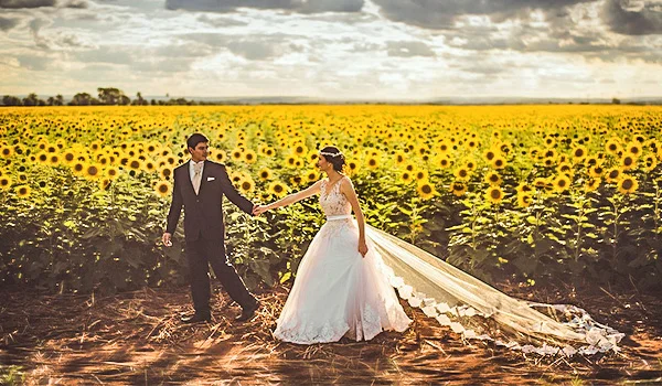 Noivos caminham de mãos dadas por um extenso campo de girassóis. Ela usa vestido de noiva branco com longa cauda, e ele veste terno escuro. Ao fundo, há céu nublado.