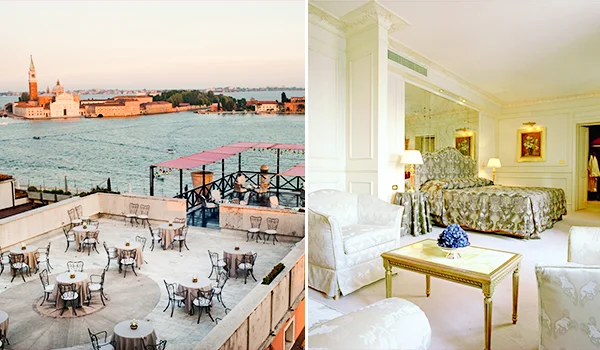 Montagem com duas imagens de um hotel à beira da água. À esquerda, um terraço amplo com mesas e cadeiras ao ar livre, com vista para um canal e uma construção histórica em uma ilha ao fundo. À direita, uma suíte elegante e clara, com cama de casal decorada, sofá, poltronas, mesas laterais com luminárias e uma mesa de centro dourada.