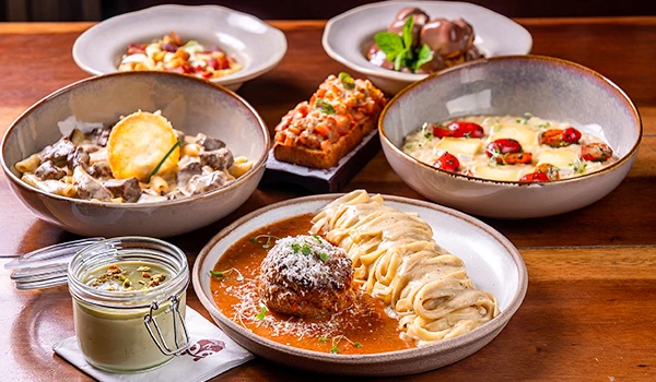 Variedade de pratos tradicionais brasileiros servidos em uma mesa de madeira, incluindo creme de palmito, estrogonofe de carne, lasanha, bolinho de carne, farofa de banana e saladinha de feijão.