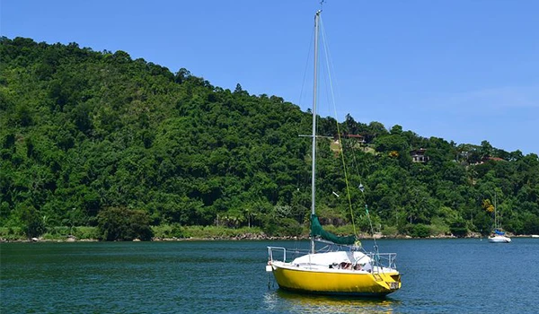 Velero amarelo ancorado em águas calmas com uma floresta tropical ao fundo, sob céu claro, ideal para atividades ao ar livre e turismo náutico na Rota Verde Azul.