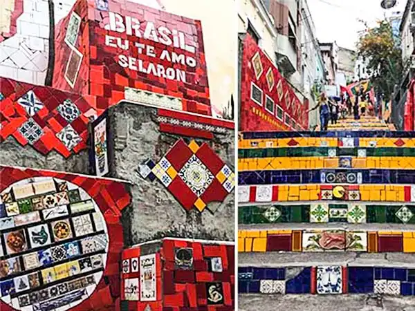 Escadaria e parede decoradas com azulejos coloridos e mosaicos, formando um mural vibrante que celebra o Brasil e a cultura brasileira.
