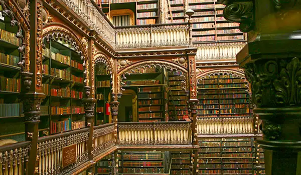 Imagem de uma biblioteca antiga com várias prateleiras repletas de livros, decoração clássica e escadas para acesso a diferentes níveis.