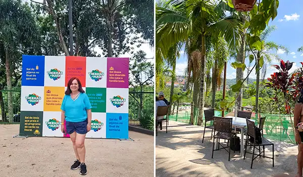 Deusa Rodrigues em um evento ao ar livre, com fundo colorido e decoração vibrante, promovendo bem-estar e saúde. No outro lado, uma área externa com mesas e cadeiras sob árvores verdes, ideal para confraternizações ao ar livre.
