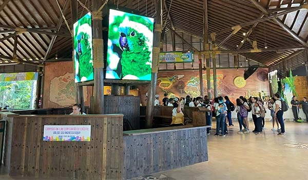 Entrada do parque com totem mostrando um pássaro em exibição. Visitantes interagem no ambiente rústico e acolhedor. Atrações do Animália Park.
