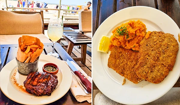 Imagem de um almoço com carne grelhada, batatas doces cozidas e salada de legumes, servido em um restaurante ao ar livre com vista para o mar.  José Ignacio paradores e restaurantes.