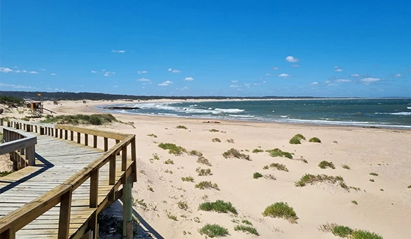 Praia de areia clara com vegetação e uma passarela de madeira à esquerda, sob céu azul com algumas nuvens, ideal para relaxar e desfrutar da natureza.  José Ignacio paradores e restaurantes.