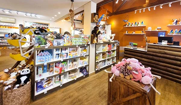 Loja de brinquedos com estantes repletas de jogos, pelúcias e artesanato, ambiente aconchegante e alegre, ideal para crianças.