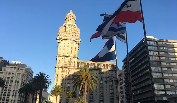 Imagem do centro de Montevideu com bandeiras ao vento e palmeiras ao redor, sob céu claro em dia ensolarado.