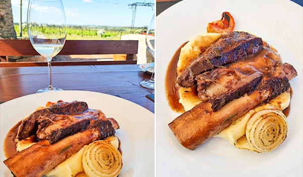 Prato de costela assada com acompanhamento de molho, batatas e cebolas, servido em um ambiente ao ar livre com vista para a natureza.  José Ignacio paradores e restaurantes.