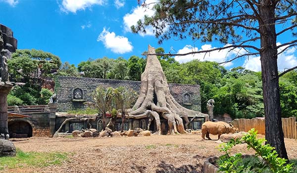 Visão ampla do Animália Park com tema de fantasia, mostrando uma estrutura impressionante com raízes grandes e animais como hipopótamos e cenários naturais.