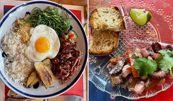 Foto do restaurante Casa de Francisca com dois pratos, um com pequena entrada de frutos do mar e pães e outro com um picadinho de carne de sol com ovo, farofa, couve e banana frita.