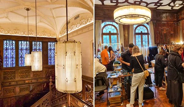 Imagem de um ambiente interno elegante com iluminação sofisticada, sala de eventos ou restaurante de alto padrão, decorado com atenção aos detalhes.