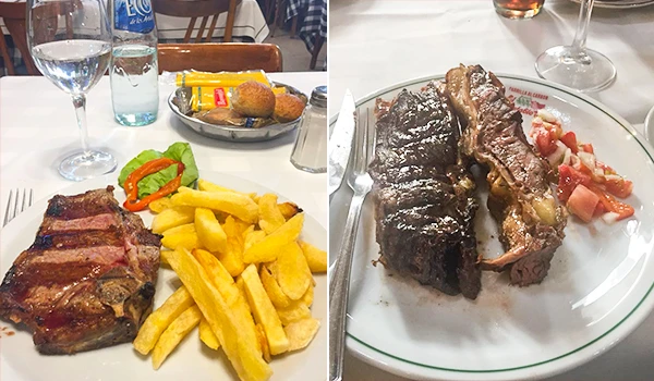 Imagem de um prato de carne com batatas fritas e acompanhamentos em um restaurante, ideal para quem busca opções de refeições saborosas.