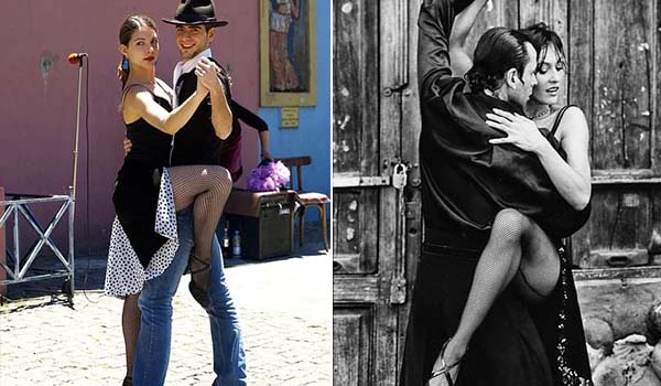 Casal dançando tango em ambiente ao ar livre, mostrando elegância e paixão na dança, com roupas sofisticadas e cenário urbano ao fundo.
