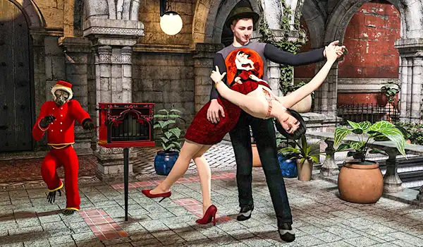 Dança de casal com mulher vestida Vermelho e homem com figurino preto, em cenário de arquitetura antiga decorada com plantas.