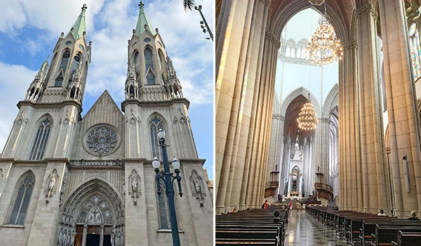 Fachada de igreja estilo gótico com duas torres altas e janela circular ao centro, e vista interna com arcos monumentais e colunas de pedra, iluminadas por vitrais. Cripta da Catedral da Sé.