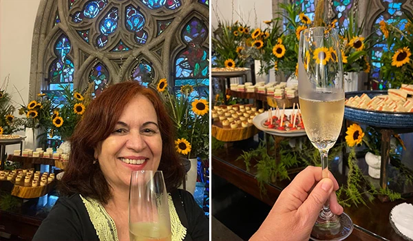 Foto dividida em duas partes: Deusa Rodrigues em evento com decoração de flores e vitrais ao fundo, e um brinde com taça de champanhe em mesa festiva com girassóis e doces em estilo de celebração. Catedral da Sé.