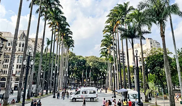 Praça da Sé, com palmeiras altas e arquitetura histórica ao fundo, carros e van branca ao centro, pessoas caminhando e céu parcialmente nublado em cidade brasileira.