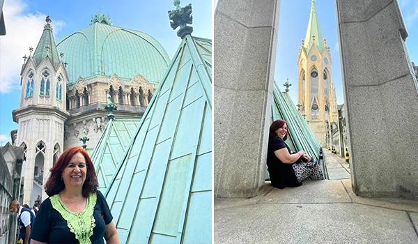 Deusa Rodrigues Catedral da Sé e histórico com cúpula verde e estrutura de vidro, além de torres ornamentadas ao fundo, em cenário urbano.