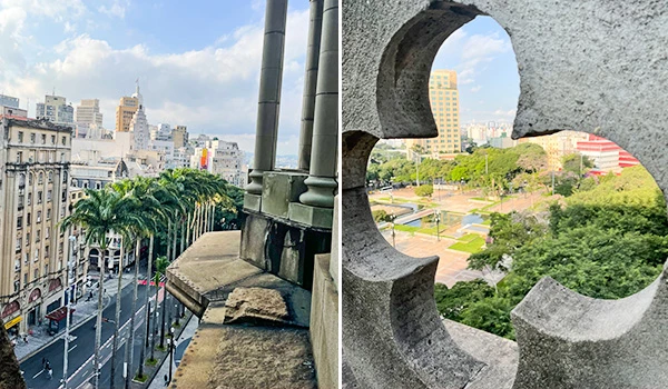 Vista panorâmica de um mirante da Catedral da Sé à esquerda, uma paisagem urbana com prédios e o topo de palmeiras; à direita, uma composição com um recorte em pedra, céu azul e jardins do parque ao fundo.