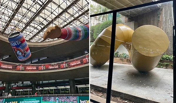 Imagem de obras de arte e objetos decorativos, incluindo uma lata de refrigerante gigante e esculturas modernas em ambiente interno e externo, destacando o artesanato e design contemporâneo.