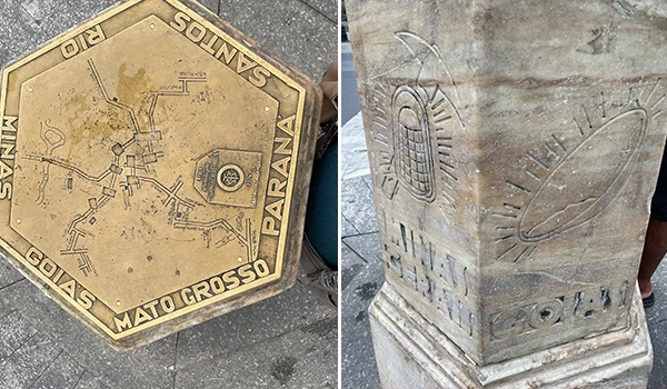 Imagem de marcas de meio de transporte em uma caixa de concreto na rua, com detalhes visíveis e fundo de cimento. Perfeita para quem busca por sinalização e obras urbanas.