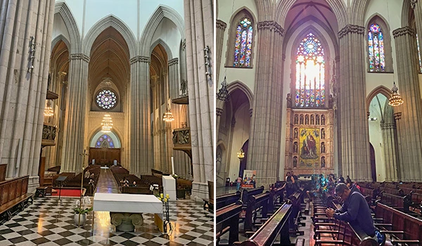 Interior da Catedral da Sé com arcos altos, vitrais coloridos, piso xadrez e bancos dispostos para a missa, mostrando dois ângulos do mesmo espaço religioso.