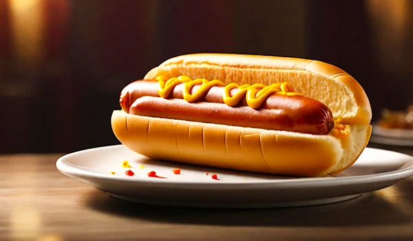 Cachorro-quente tradicional com salsicha, pão fofinho e mostarda, servido em prato branco sobre mesa de madeira escura, ideal para lanches rápidos e saborosos.