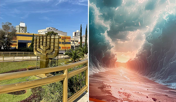Vista de um jardim com uma obra de arte em forma de menorá, destacando a importância cultural e histórica do simbolismo.